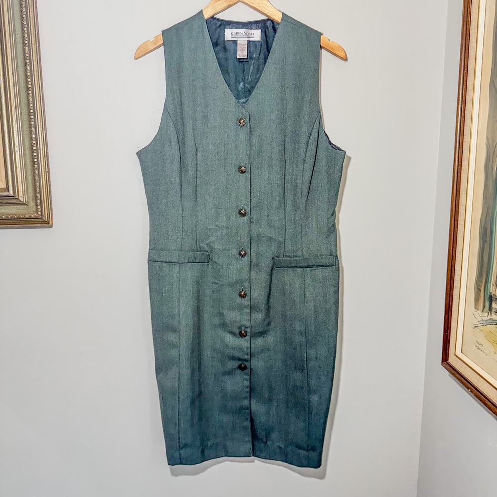 Vtg 90s Karen Scott Sage Green Pinstripe Vest Dress Button Front Midaxi 14